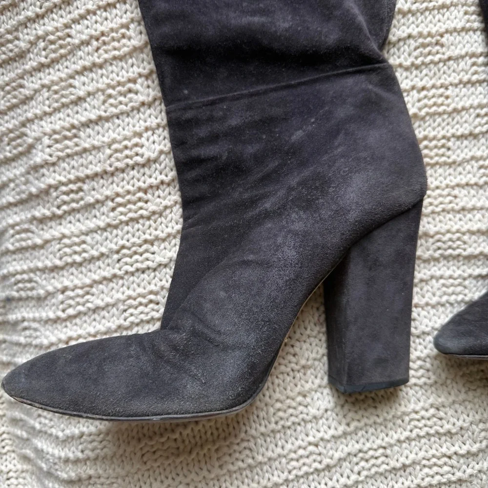 Sergio‎ Rossi Suede Over The Knee Boots Block Heel Dark Gray Size 39.5